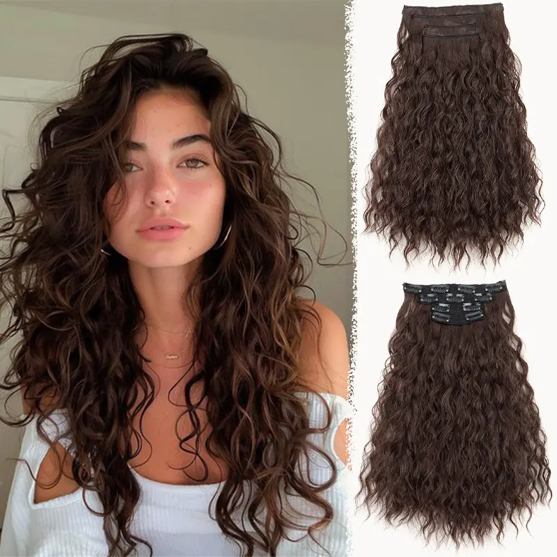 WIGSIN Synthetic 16Inch Long Wave Curly Hair Extension 4pcs/set Thick Fulffy Hairpiece for Women Heat Resistant False Hair