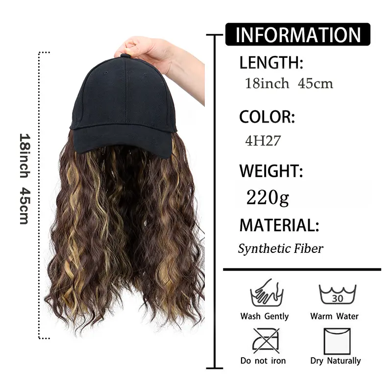 18Inch Synthetic Women'S Hat Cap Wig Long Wavy Curly Hair Extensions Adjustable Baseball Cap Design for Daily Wear