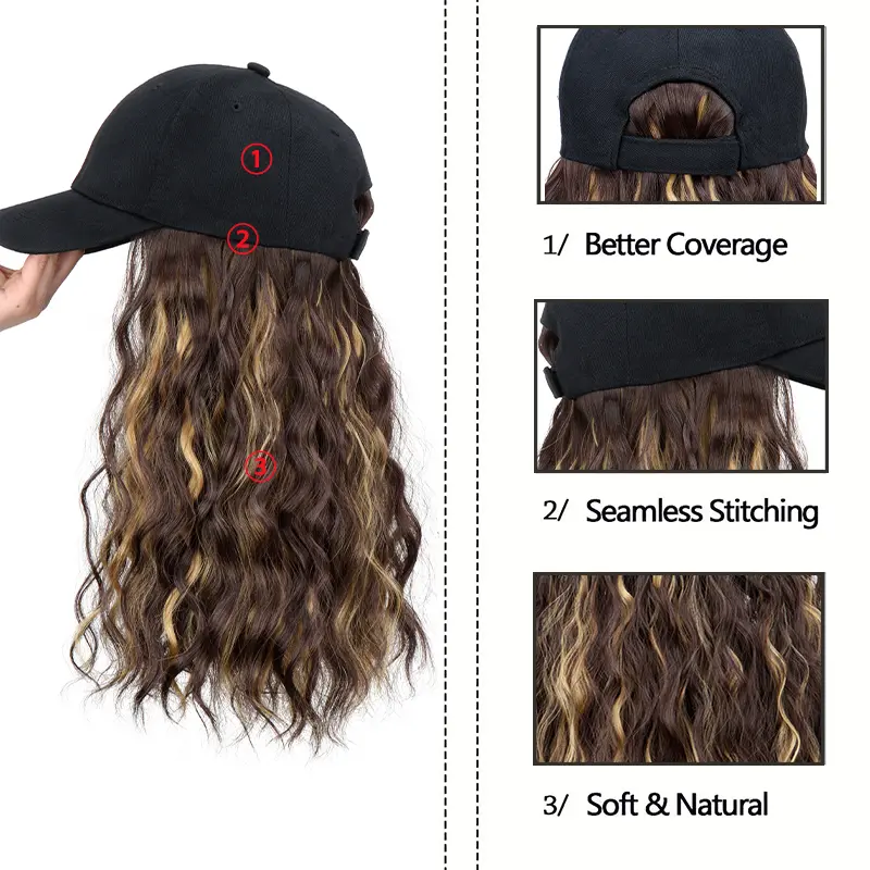 18Inch Synthetic Women'S Hat Cap Wig Long Wavy Curly Hair Extensions Adjustable Baseball Cap Design for Daily Wear