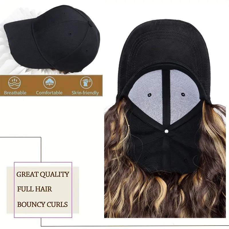 18Inch Synthetic Women'S Hat Cap Wig Long Wavy Curly Hair Extensions Adjustable Baseball Cap Design for Daily Wear