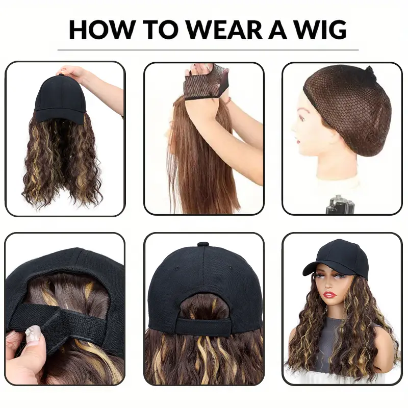 18Inch Synthetic Women'S Hat Cap Wig Long Wavy Curly Hair Extensions Adjustable Baseball Cap Design for Daily Wear