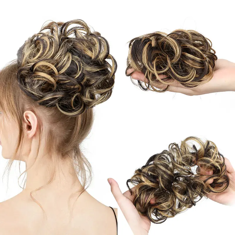 WIGSIN Synthetic Rubber Bands Clip Messy Bun Ponytail Extensions Short Curly Chignon Tousled Updo Hairpieces for Women Girls