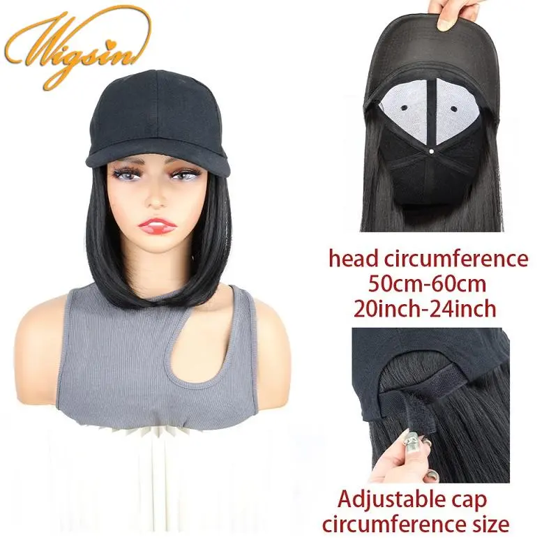 WIGSIN Synthetic 8Inch Short Bobo Hat Wig Black Baseball Cap Hair Extension Heat-Resistant Hairpiece for Women