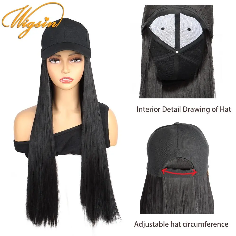 WIGSIN Synthetic  24Inch Long Straight One Piece Baseball Hair Hat Wig Adjustable Black Brown Hairpiece for Women