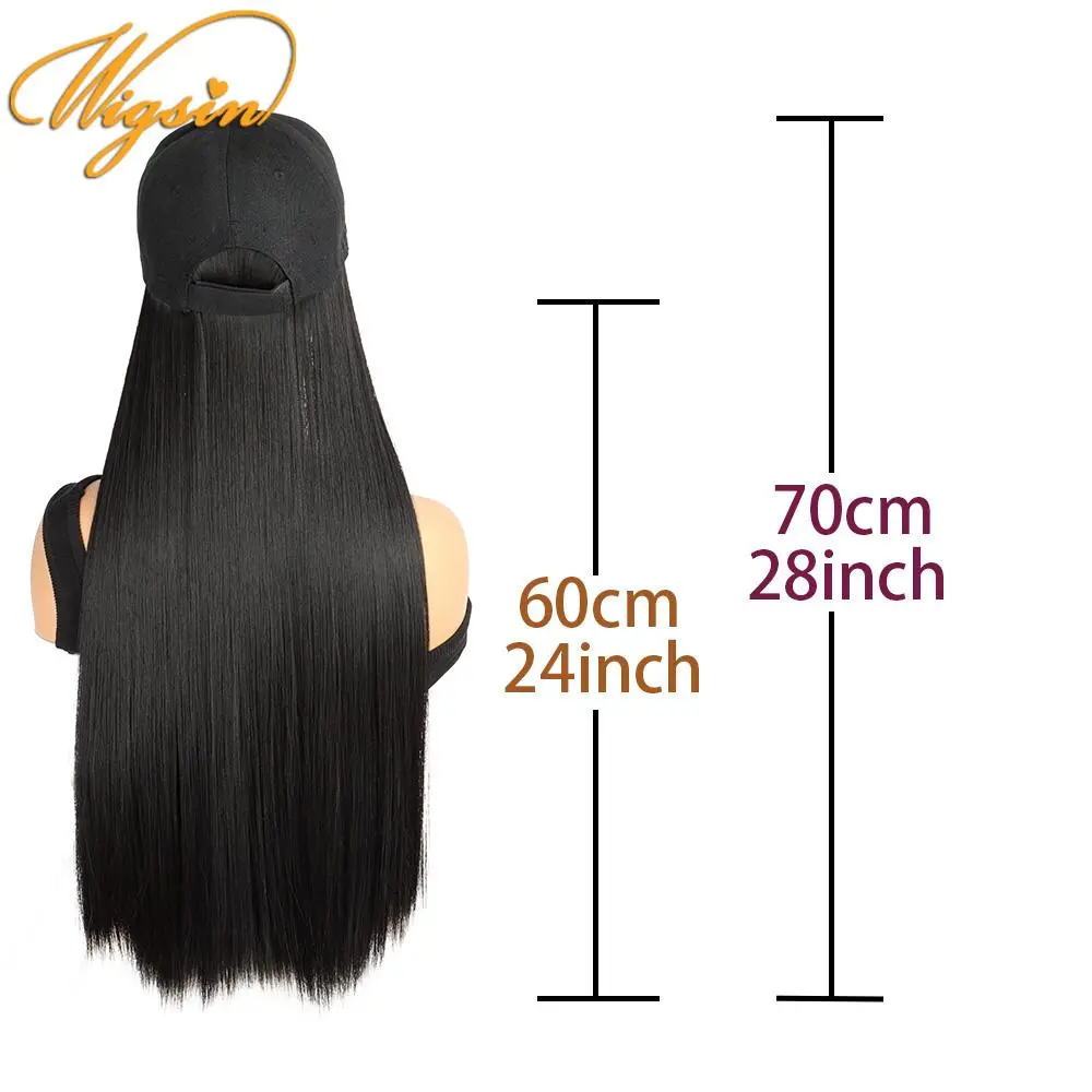 WIGSIN 24Inch Long Straight Synthetic Wig Baseball Cap Hair Extensions Hat Wigs Black Brown Adjustable Hairpiece for Women