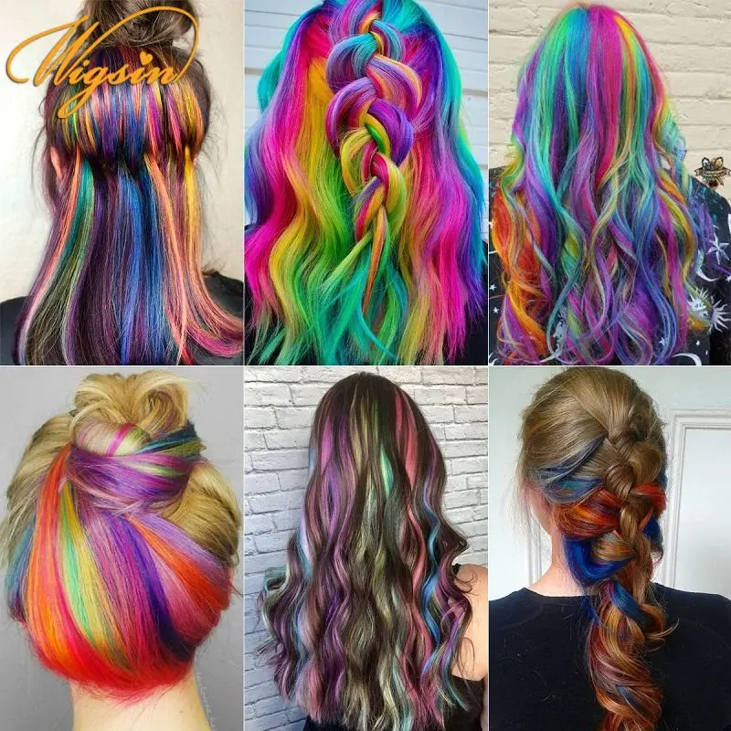 22Inch Synthetic Sparkle Hair Extensions Clip In Rainbow Shiny Long Straight Hair Heat Resistant Hair Accessories for Women