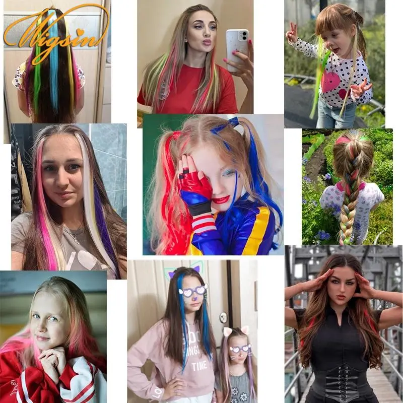 22Inch Synthetic Sparkle Hair Extensions Clip In Rainbow Shiny Long Straight Hair Heat Resistant Hair Accessories for Women