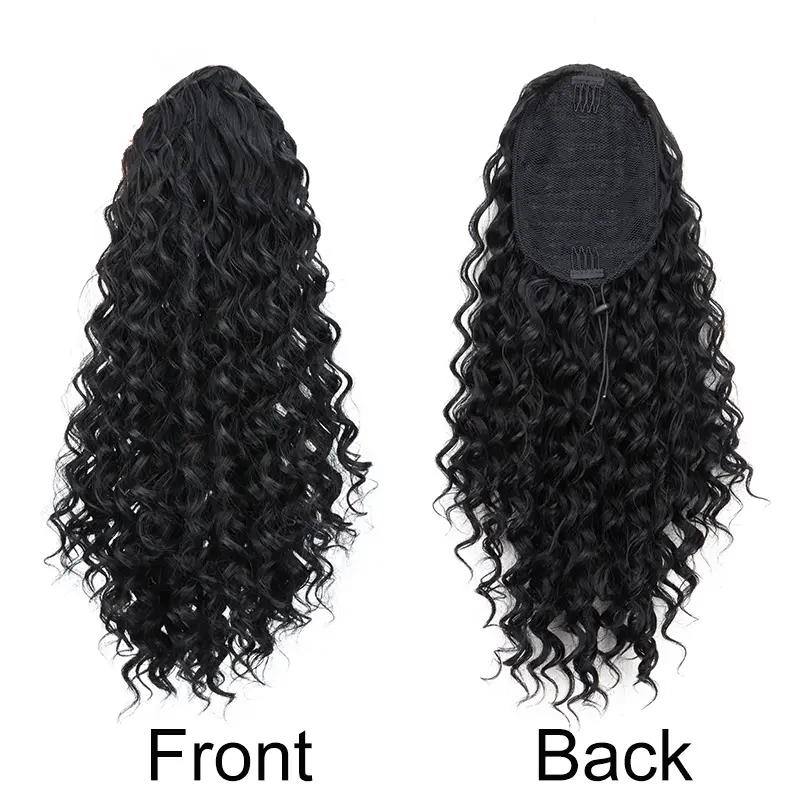 WIGSIN 18Inch Synthetic Kinky Curly Ponytail Hair Short Fluffy Curly Drawstring Clip Hair Extension Black Hairpiece for Women
