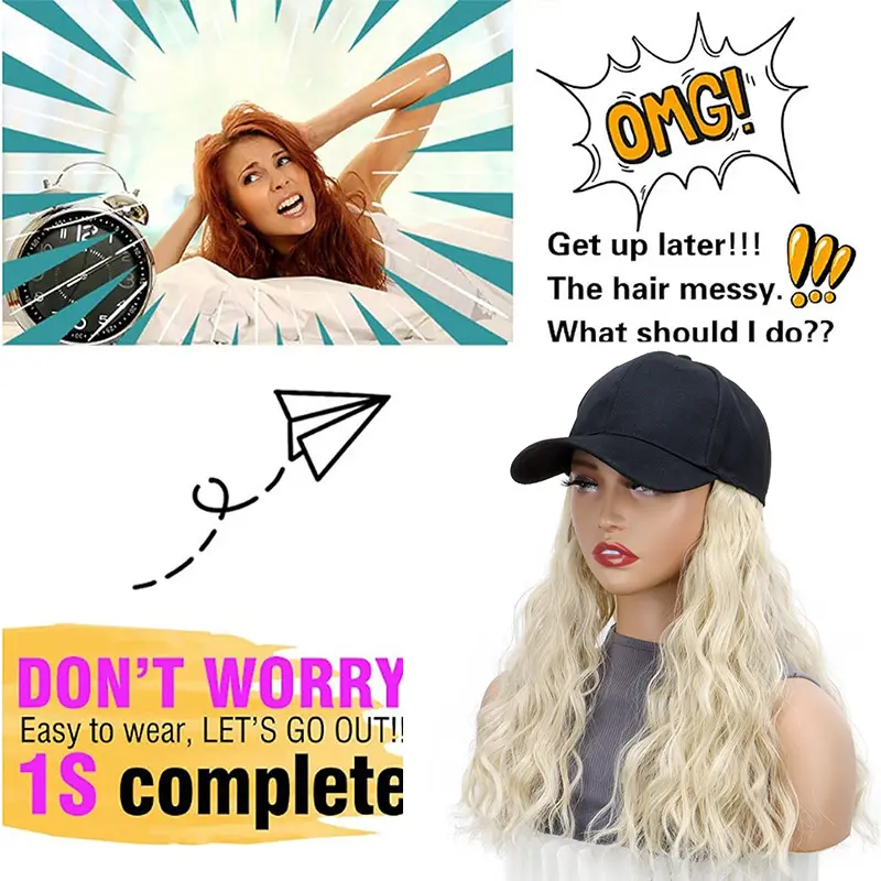 WIGSIN 14Inch Synthetic Baseball Cap With Hair Extensions Short Wavy Curly Hairstyle Adjustable Hat Wig for Women