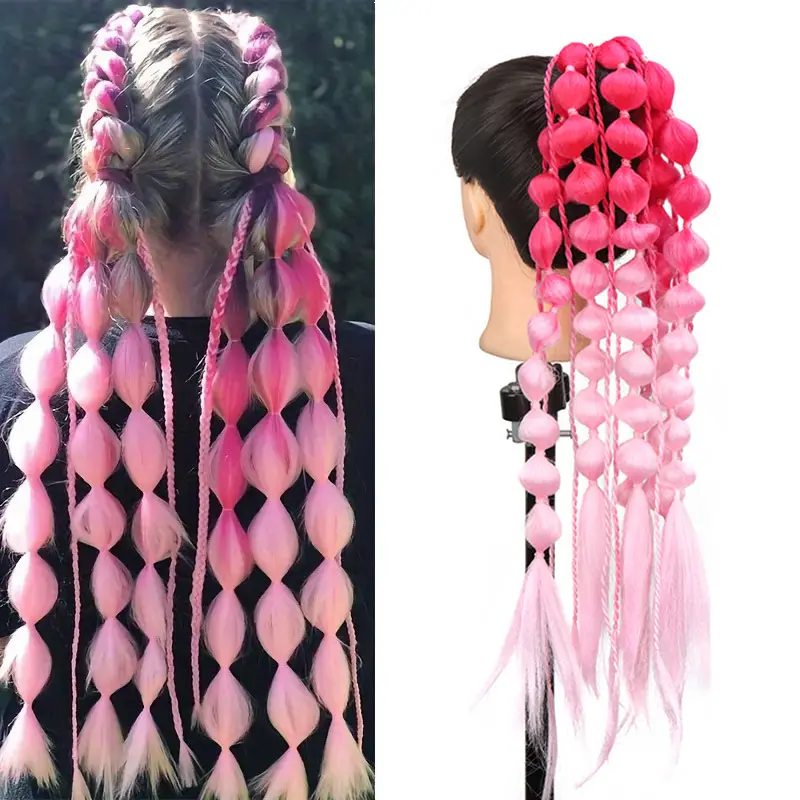 WIGSIN 24Inch Synthetic Colored Long Lantern Bubble Braid Ponytail Hair Extension Elastic Rubber Bands Hairpiece for Women