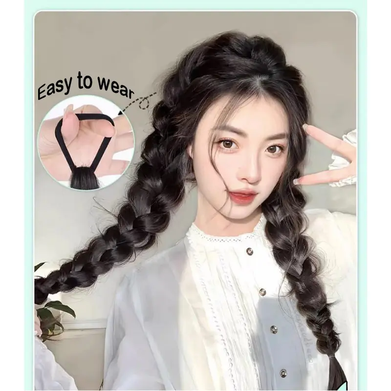 WIGSIN Synthetic 45cm Box Twist Braid Ponytail Hair Extension Cute Style Elastic Rubber Band Messy Fishbone Braid Hairpiece Wig