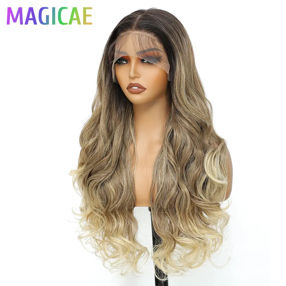 Magicae 30Inches 13X4 Loose Body Wave Lace Frontal Wigs Ombre Brown Blond 613# Bio Synthetic Heat Resistant Frontal Hair Wigs