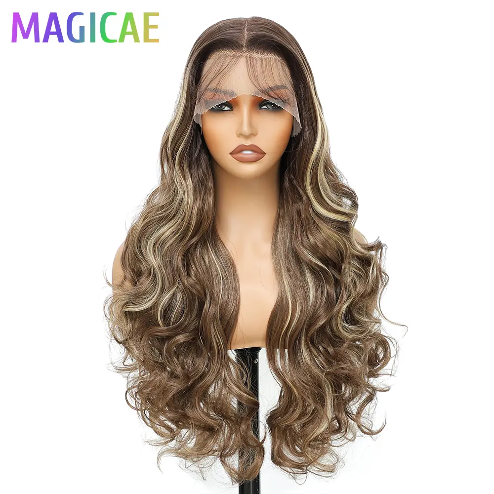 Magicae 30Inches 13X4 Loose Body Wave Lace Frontal Wigs Ombre Blond 613# Brown Bio Synthetic Heat Resistant Frontal Hair Wigs