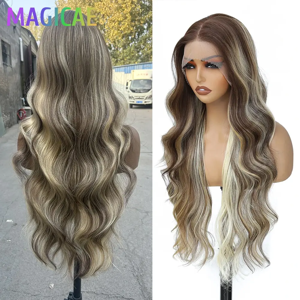 13X4 Lace Frontal Body Wave Wigs 30Inch Ombre Blond Synthetic Heat Resistant Fiber Swiss Lace Front Wigs For Women