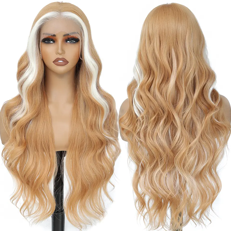 13X4 Lace Frontal Body Wave Wigs 30Inch Ombre Blond Synthetic Heat Resistant Fiber Swiss Lace Front Wigs For Women