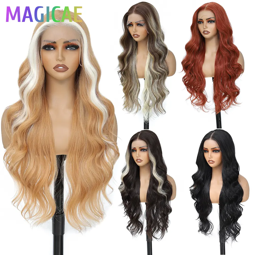 13X4 Lace Frontal Body Wave Wigs 30Inch Ombre Blond Synthetic Heat Resistant Fiber Swiss Lace Front Wigs For Women
