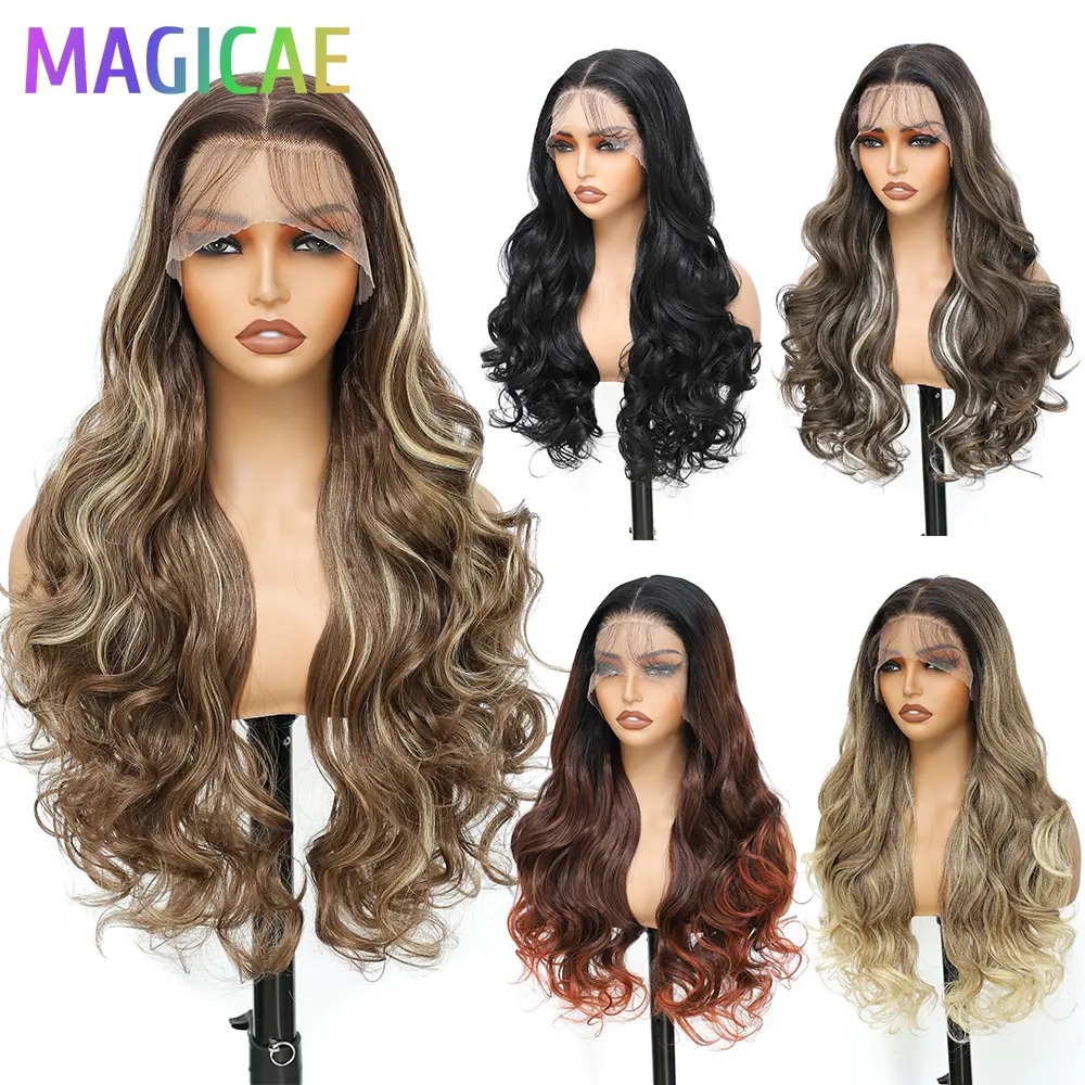Magicae 30Inches 13X4 Body Wave Lace Frontal Wigs Ombre Brown Blond 613# Bio Synthetic Heat Resistant Transparent Frontal Wigs