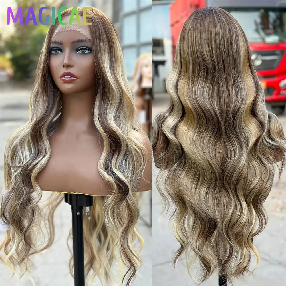 30Inch 13X4 Lace Frontal Synthetic Body Wave Wigs Ombre Ginger Orange Brown 530# Fiber Blond Transparent Lace Frontal Hair Wigs