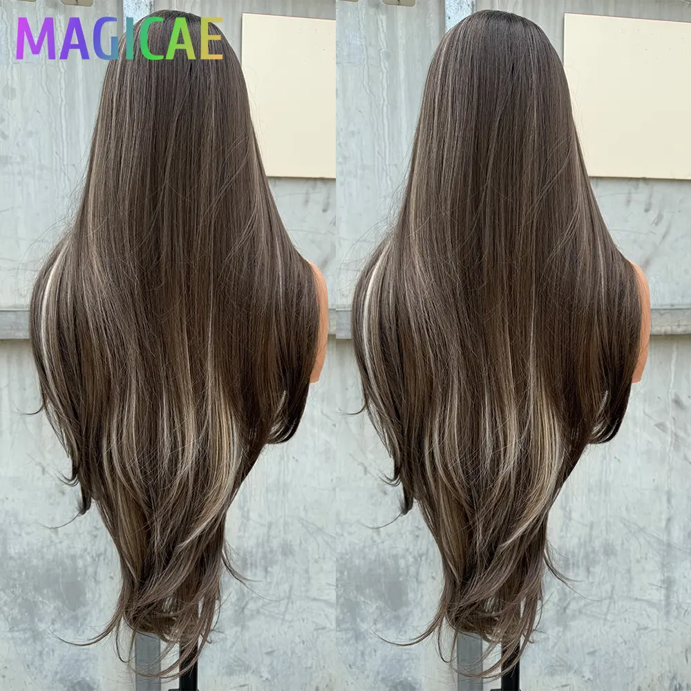 Magicae 30inch 13X4 Lace Frontal Straight Hair Wigs Ombre Ginger350 Brown Blond 27# Synthetic Heat Resistant Transparent Frontal