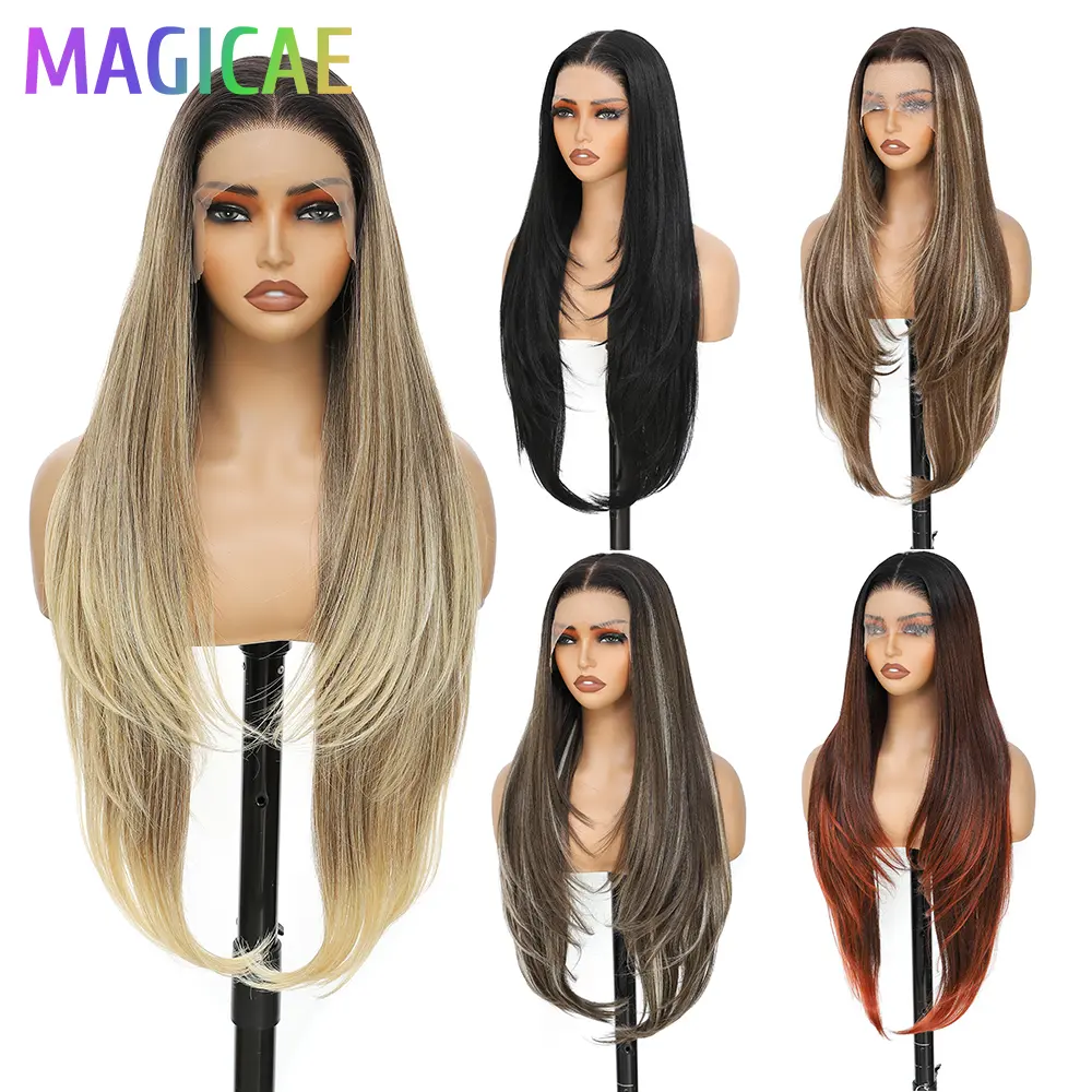 Magicae 30inch 13X4 Lace Frontal Straight Hair Wigs Ombre Ginger350 Brown Blond 27# Synthetic Heat Resistant Transparent Frontal