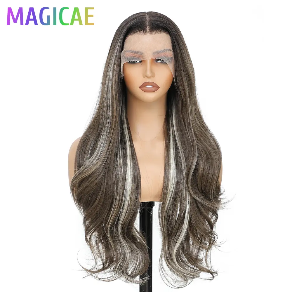 Magicae 13X4 Body Wave Lace Frontal Wigs 30inch Ombre Brown Blond 613# Bio Synthetic Heat Resistant Transparent Frontal Wigs