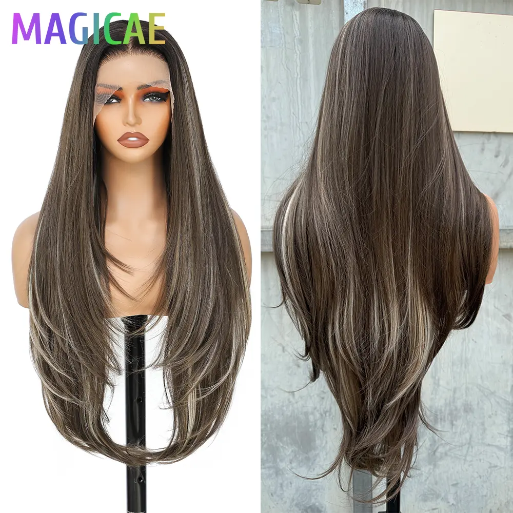 Magicae 30inch 13X4 Straight Lace Frontal Hair Wigs Ombre Brown Blond 27/613# Synthetic Heat Resistant Transparent Frontal Hair