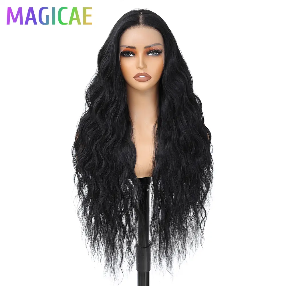 30Inches 330Grams 13x4 Lace Frontal Wig Nature Black Deep Water Wave Hair Wigs Heat Resistant Bio Synthetic Transparent Lace