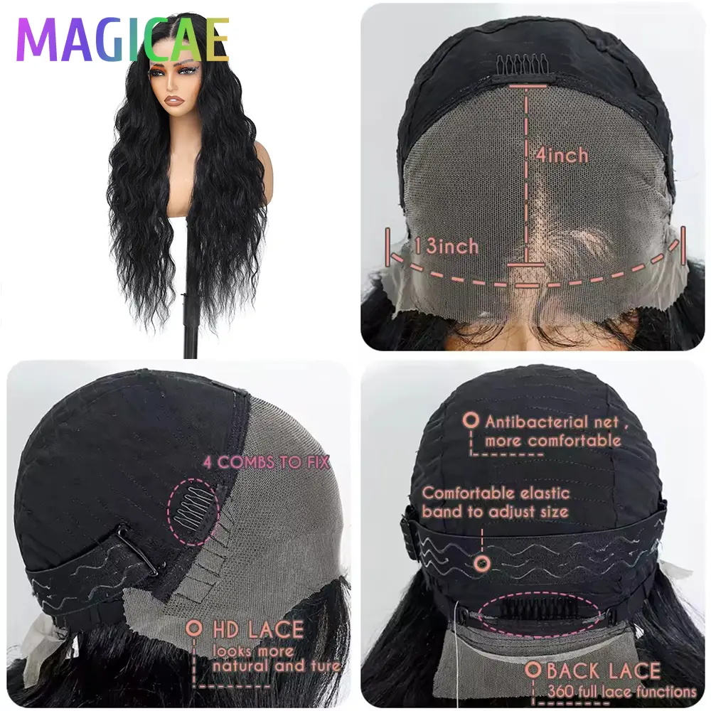 30Inches 330Grams 13x4 Lace Frontal Wig Nature Black Deep Water Wave Hair Wigs Heat Resistant Bio Synthetic Transparent Lace