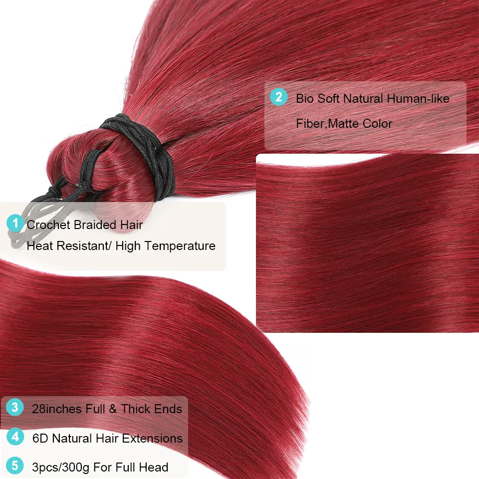 28Inches 3Pcs Crochet Braids Red Burg Blonde Twist Braiding Hair Extensions High Temperature Straight Hair Bundle Synthetic Pony