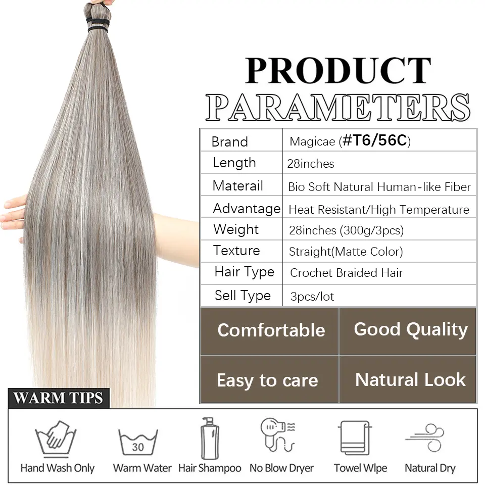 28 Inches 3PCS Ariel Straight  Crochet Braids White 60# Gray 56A# Pony Bundles High Temperature Synthetic Braiding Ombre Silver