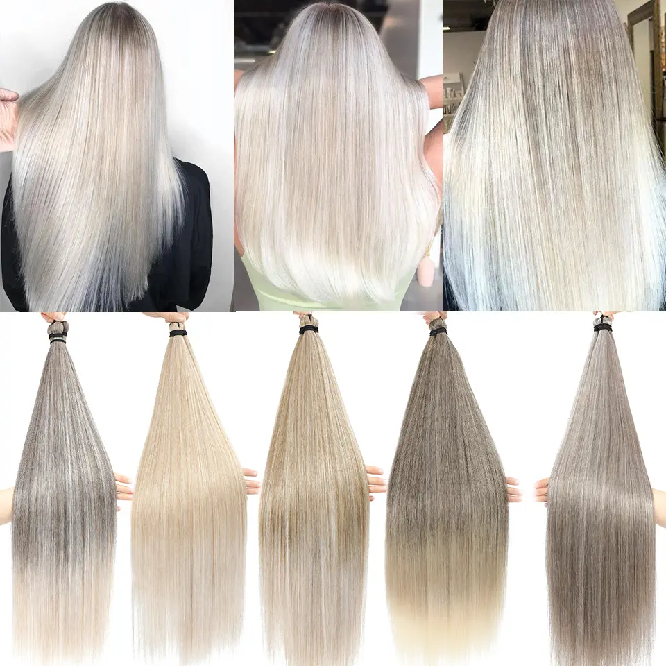 28 Inches 3PCS Ariel Straight  Crochet Braids White 60# Gray 56A# Pony Bundles High Temperature Synthetic Braiding Ombre Silver