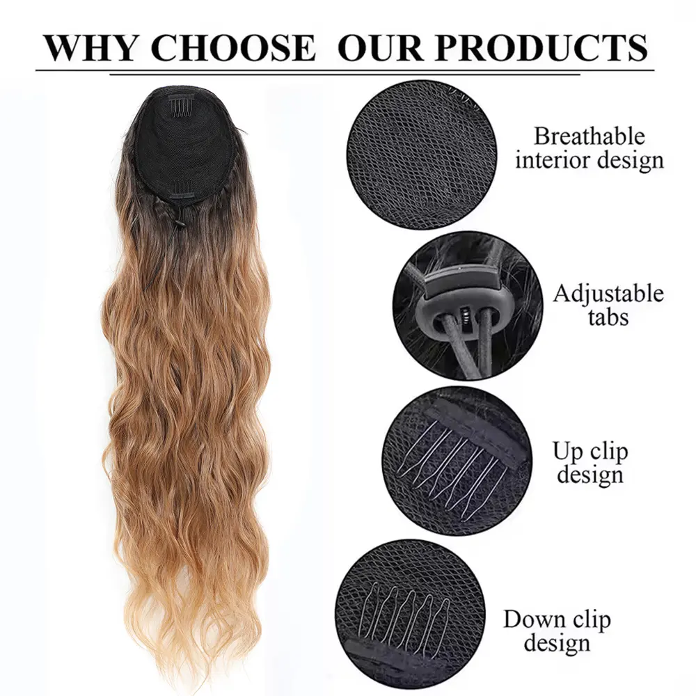 28Inches Blond 27/30 Ponytail Extension 180grams Synthetic Heat Resistant Fiber Ombre 613 Brown Water Body Wave Clip in