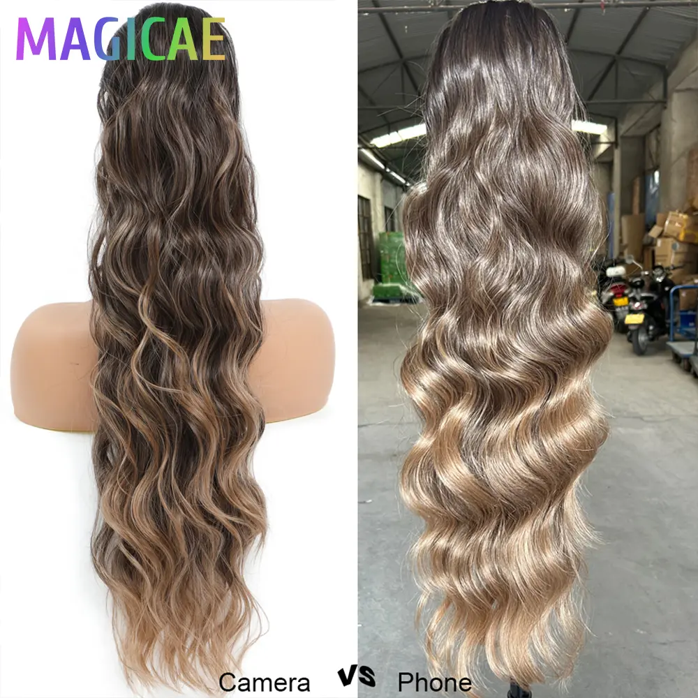 Black Ponytail 28Inches Blond 27/ 613 High Temperature Synthetic Hair Extensions 180grams Ombre Brown Body Wave With Clip in