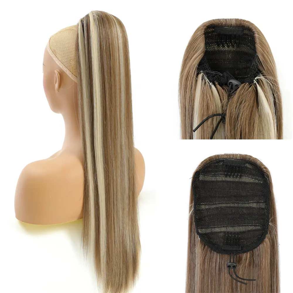 Straight Black Ponytail Blond 27/613 Hair Extensions With Clip Brown 28Inches Ombre Piano Color Heat Resistant Synthetic Hair