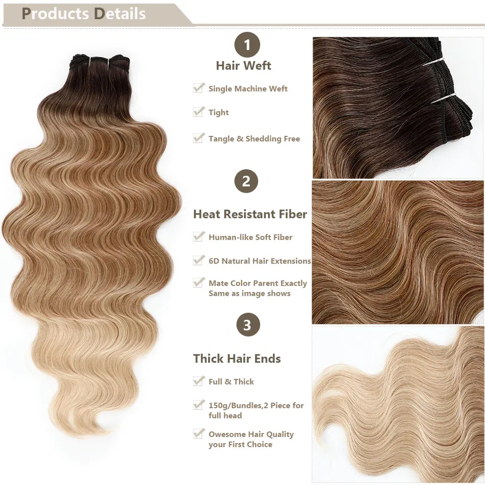 30Inch Ombre Chocolate Brown 6# M816# Body Wave Bundles Soft Natural Synthetic Human-Like Extension Heat Resistant Long Wavy