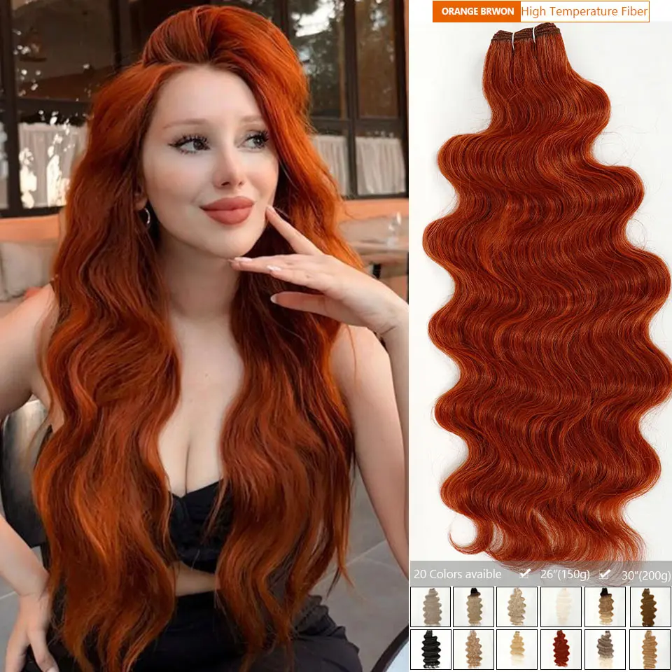30Inches 200G Sunshine Orange Brown Brazilian Body Wave Bundles HighLight Blond 12/16/613# Colored High Temperature Synthetic