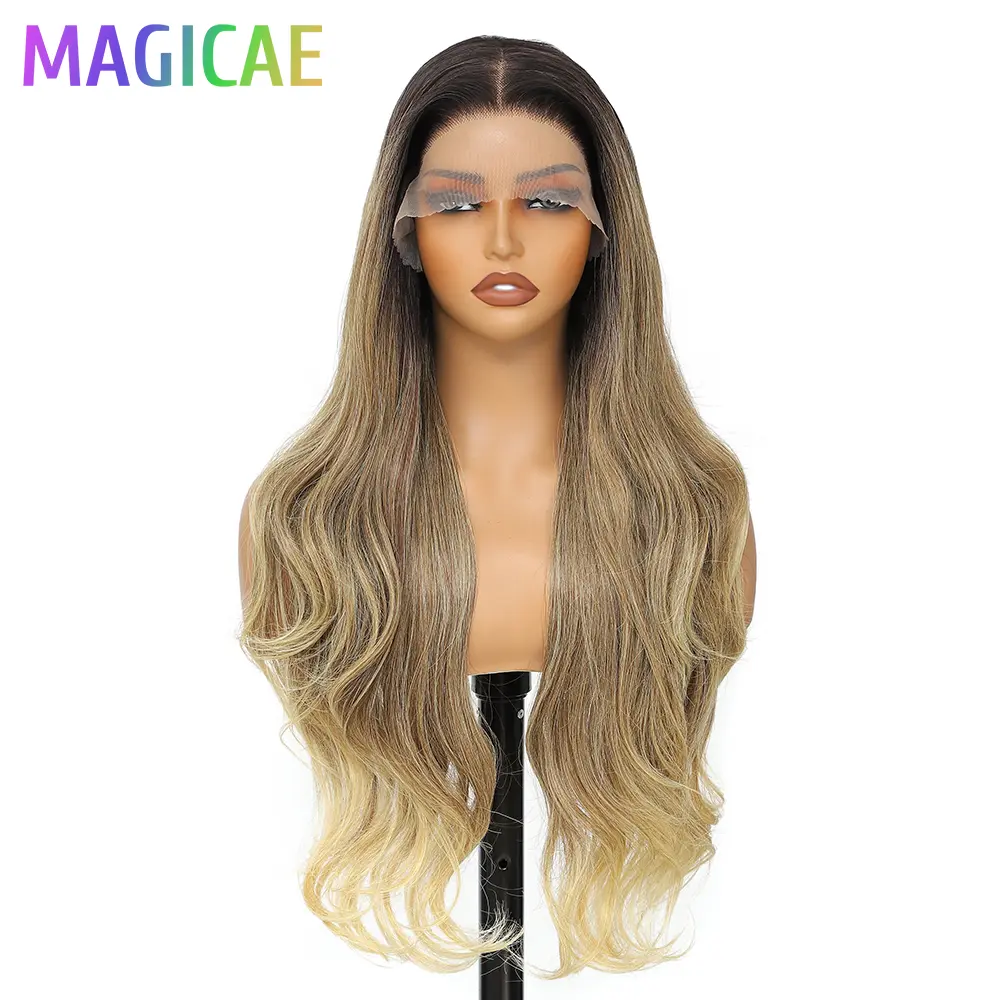 Magicae 30inch 13X4 Lace Frontal Body Wave Wigs Ombre Brown Blond 613# Bio Synthetic Heat Resistant Transparent Frontal Hair Wig