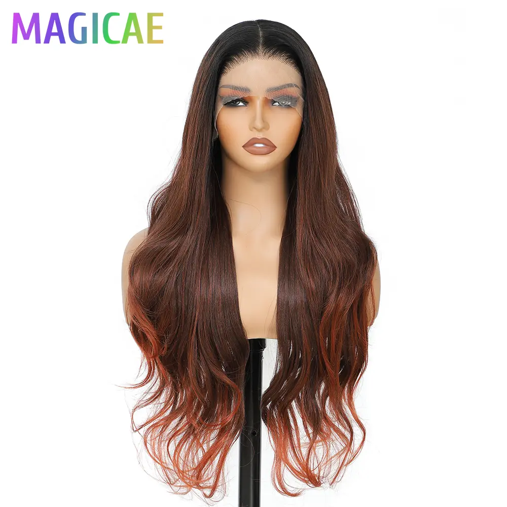 Magicae 30inch 13X4 Lace Frontal Body Wave Wigs Ombre Brown Blond 613# Bio Synthetic Heat Resistant Transparent Frontal Hair Wig