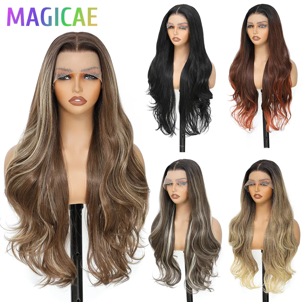 Magicae 30inch 13X4 Lace Frontal Body Wave Wigs Ombre Brown Blond 613# Bio Synthetic Heat Resistant Transparent Frontal Hair Wig