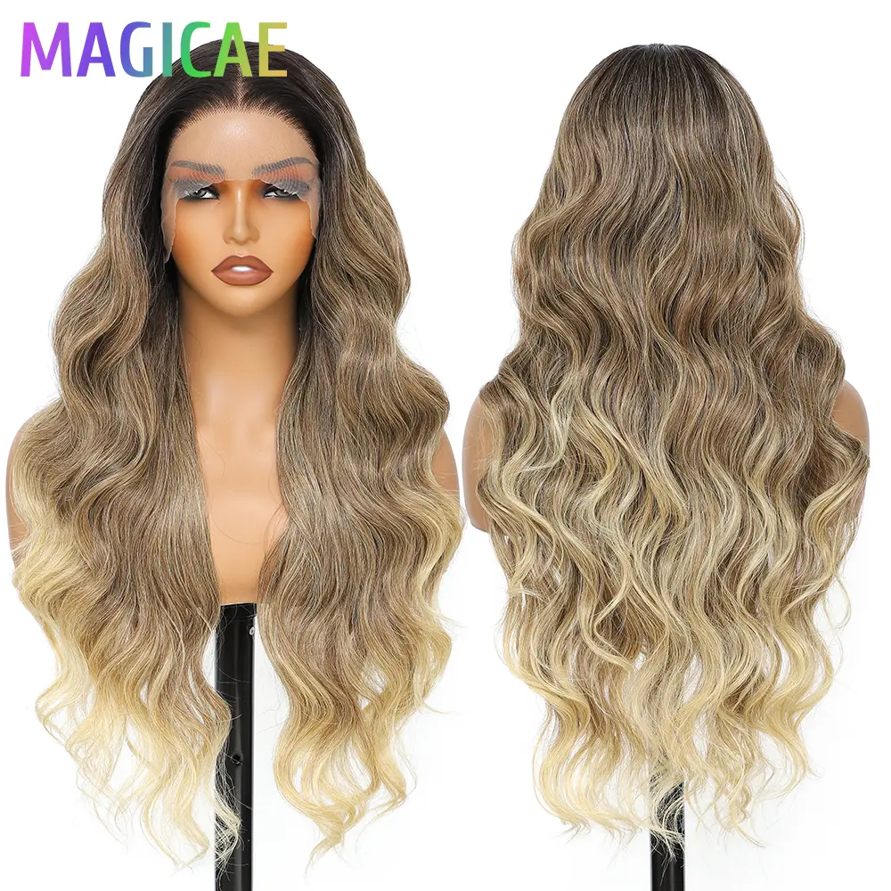 30Inches Magicae 13X4 Body Wave Lace Frontal Hair Wigs Ombre Highlight Piano Blond Brown Cooper350# High Synthetic Hair Wigs