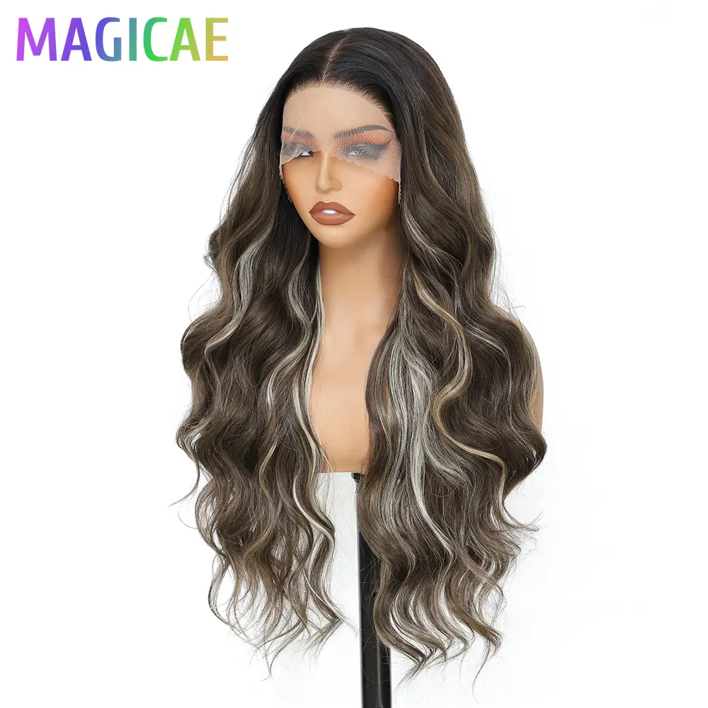 30Inches Magicae 13X4 Body Wave Lace Frontal Hair Wigs Ombre Highlight Piano Blond Brown Cooper350# High Synthetic Hair Wigs