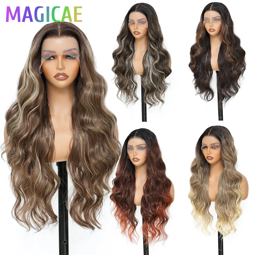 30Inches Magicae 13X4 Body Wave Lace Frontal Hair Wigs Ombre Highlight Piano Blond Brown Cooper350# High Synthetic Hair Wigs