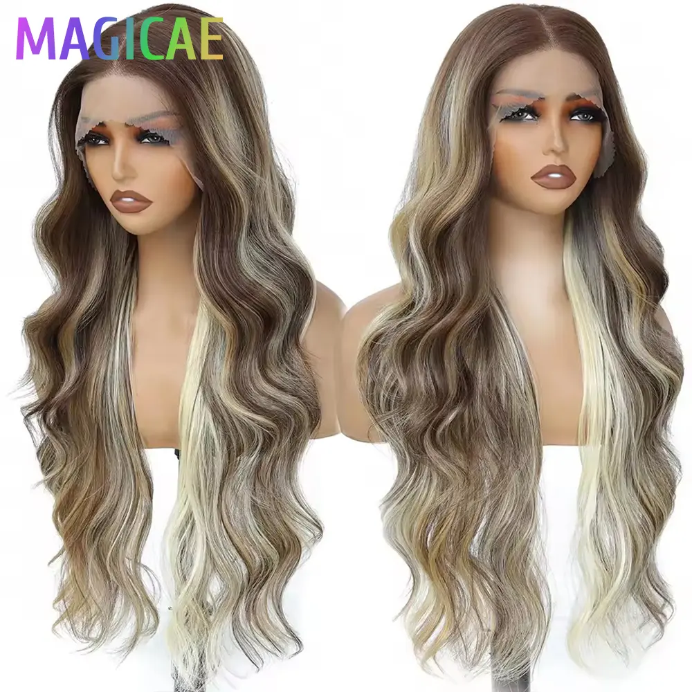 13X4 Lace Frontal Synthetic Body Wave Wigs Ombre Brown Heat Resistant Fiber Blond Swiss Transparent Lace Front Wigs For Women