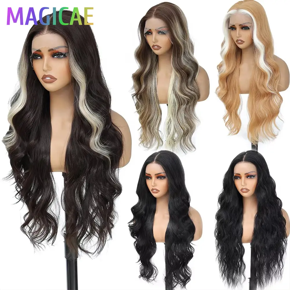 13X4 Lace Frontal Synthetic Body Wave Wigs Ombre Brown Heat Resistant Fiber Blond Swiss Transparent Lace Front Wigs For Women
