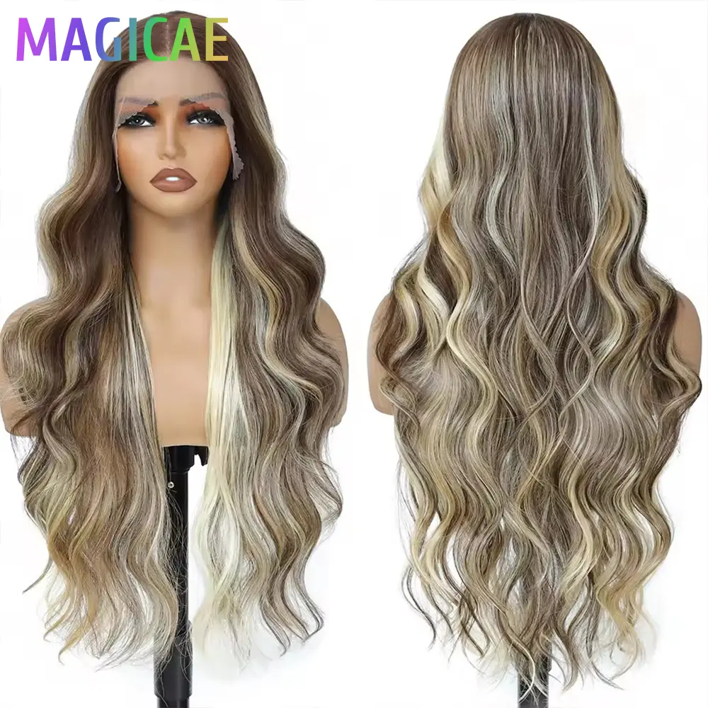 13X4 Lace Frontal Synthetic Body Wave Wigs Ombre Brown Heat Resistant Fiber Blond Swiss Transparent Lace Front Wigs For Women