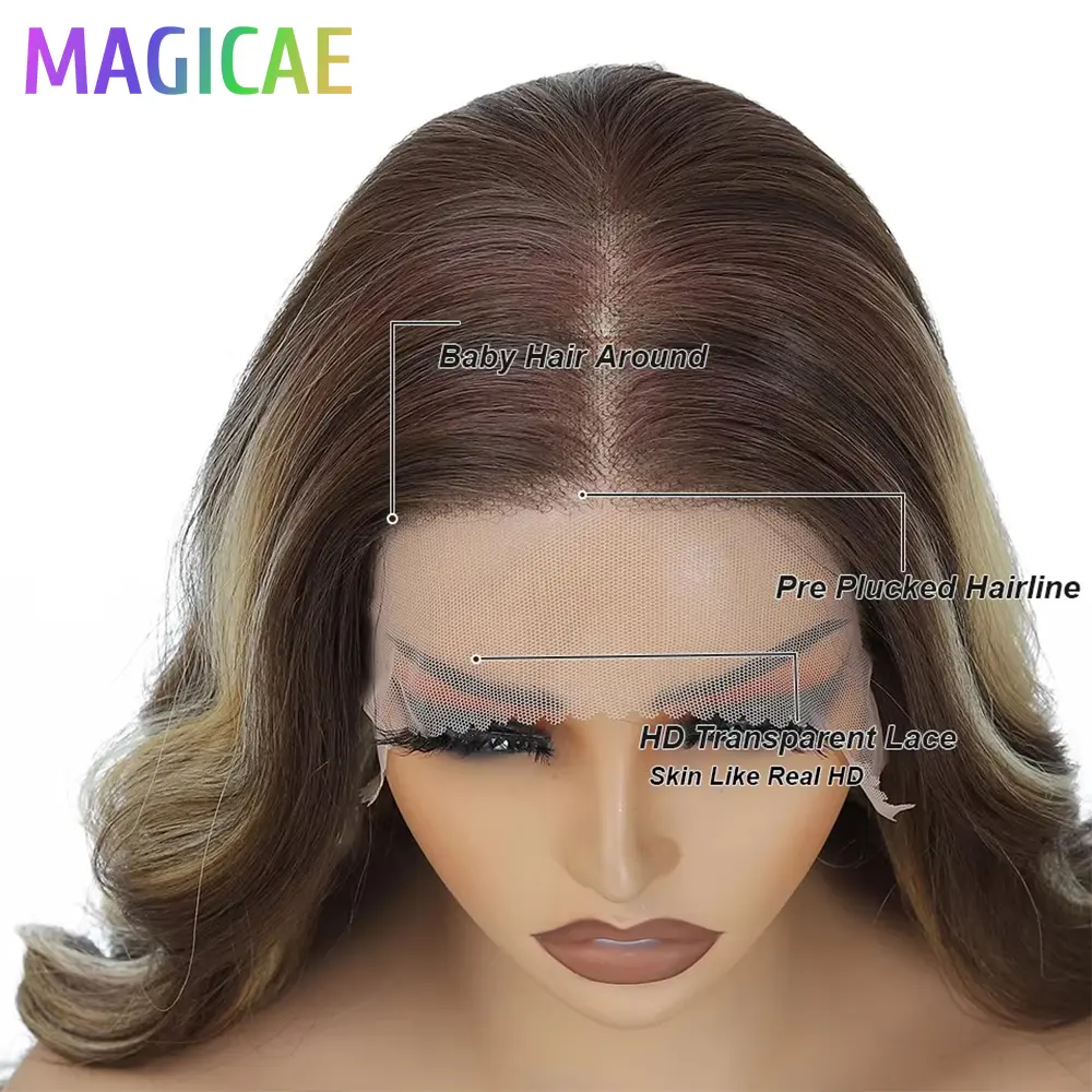 13X4 Lace Frontal Synthetic Body Wave Wigs Ombre Brown Heat Resistant Fiber Blond Swiss Transparent Lace Front Wigs For Women