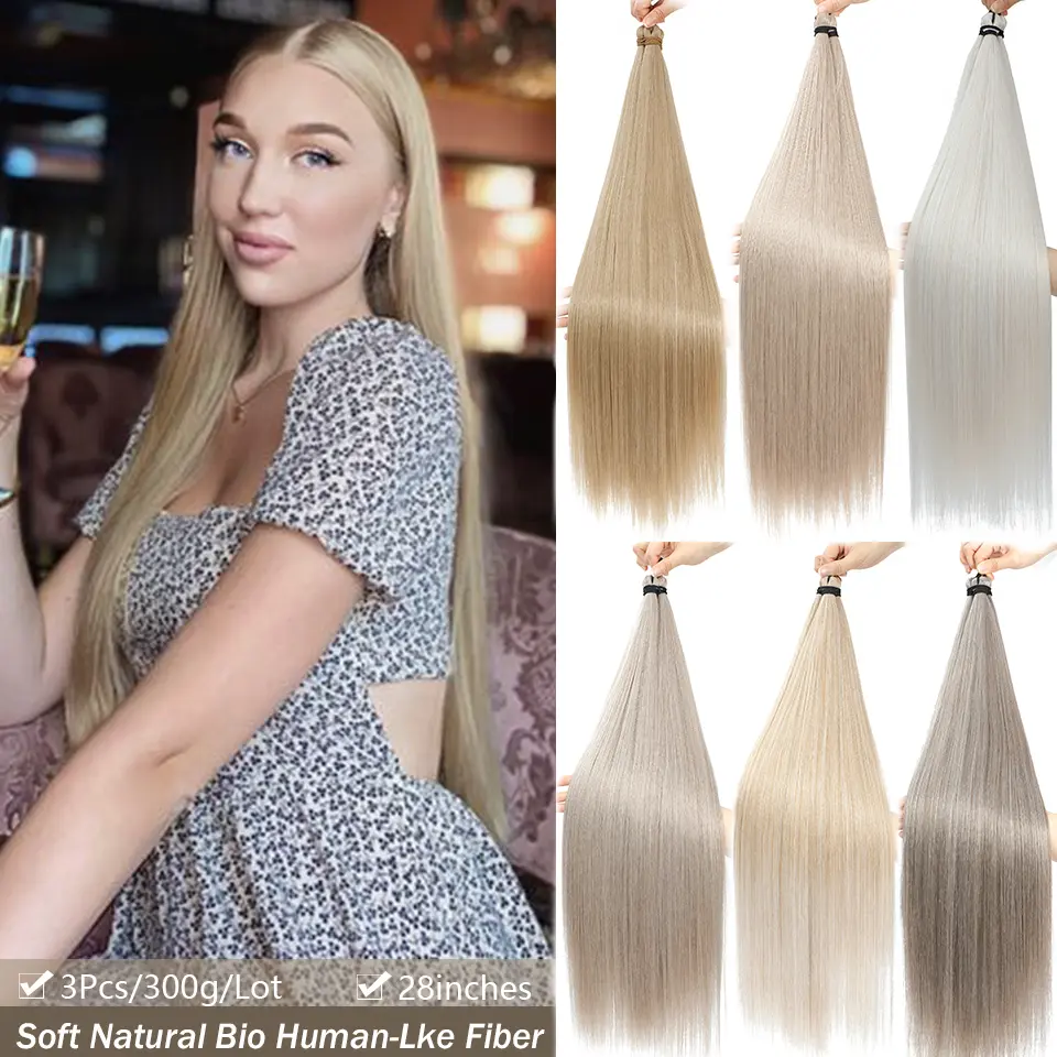 3Pcs 28Inches 300Grams Blond Ice Ombre Rainbow Twist Crochet Braids Hair Extension High Temperature Straight Bundles Synthetic