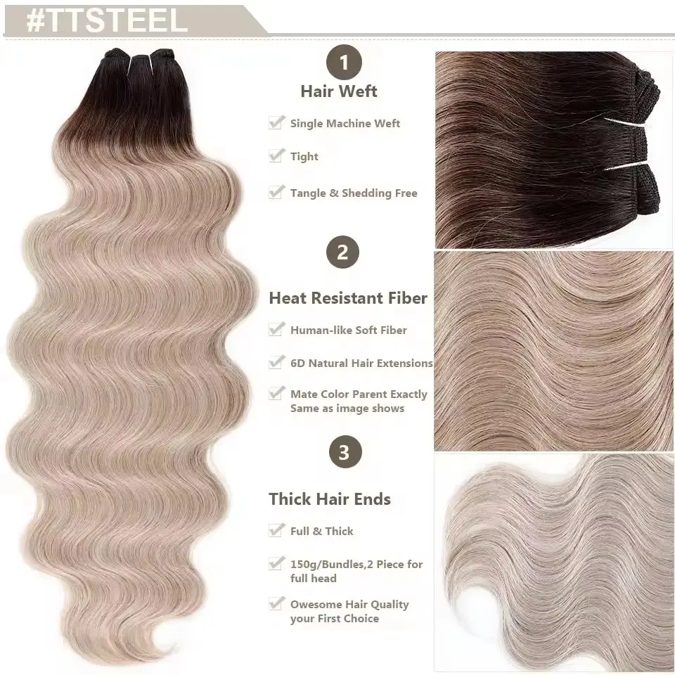 30Inches 200Grams Ombre Blond 27/613 Light Brown 6# Bio Body Wave Hair Bundles High Temperature Synthetic Hair Extensions