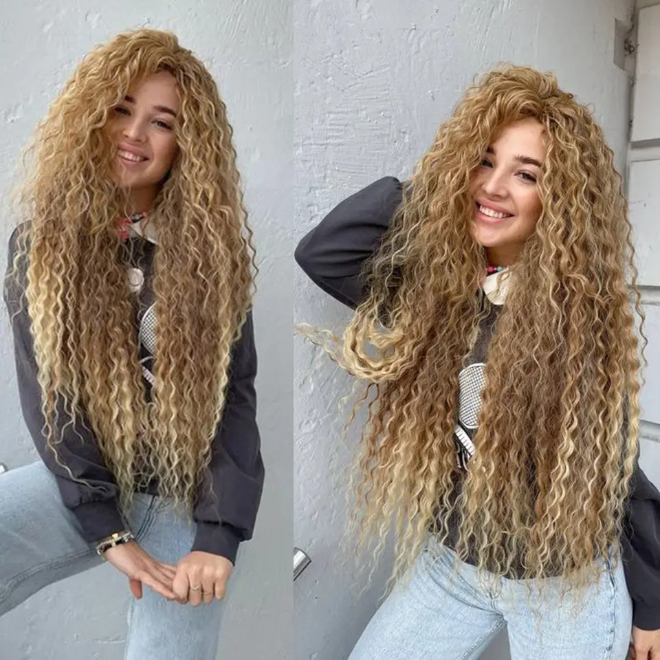 30Inches Water Curly Ombre Blond 27/613 Jerry Curly Synthetic Hair Extensions Heat Resistant Fiber Bio Human-Like Soft Natural