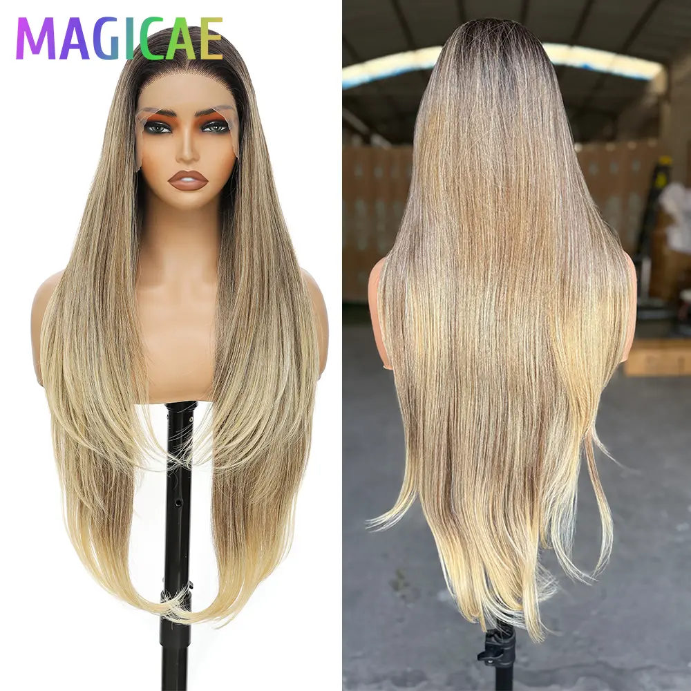 Magicae 30inch 13X4 Lace Frontal Straight Hair Wigs Highlight Ombre Brown Blond 27/613# Synthetic Heat Resistant Transparent Wig
